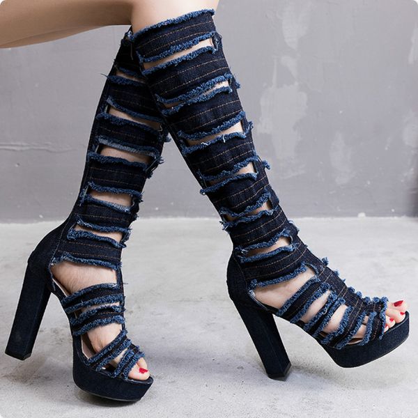 women shoes gladiator hole denim boots over knee high heels platform peep toe zipper ladies sandals zapatos de mujer, Black
women shoes gladiator hole denim boots over knee high heels platform peep toe zipper ladies sandals zapatos de mujer, Black