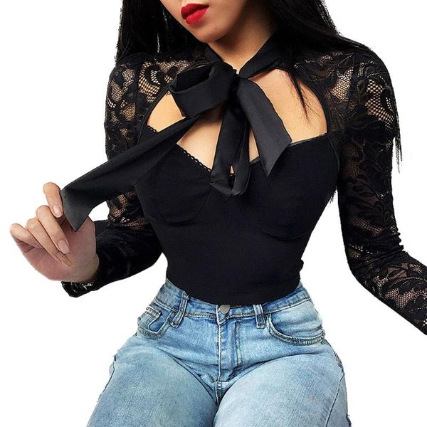 women's t-shirt bow lace wild bottomed shirt fashion low chest long sleeve solid top, White
women's t-shirt bow lace wild bottomed shirt fashion low chest long sleeve solid top, White