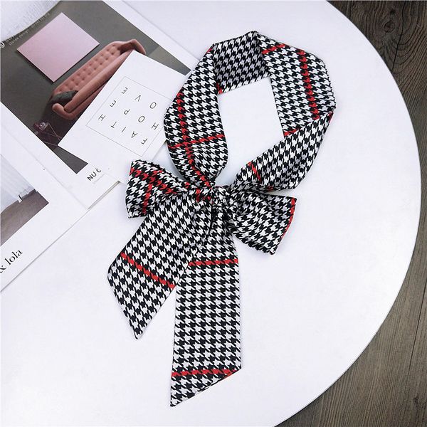 scarves handle bag hair multifunctional houndstooth stripe printed satin narrow thin long small ribbon scarf woman silk handkerchief, Blue;gray 
scarves handle bag hair multifunctional houndstooth stripe printed satin narrow thin long small ribbon scarf woman silk handkerchief, Blue;gray