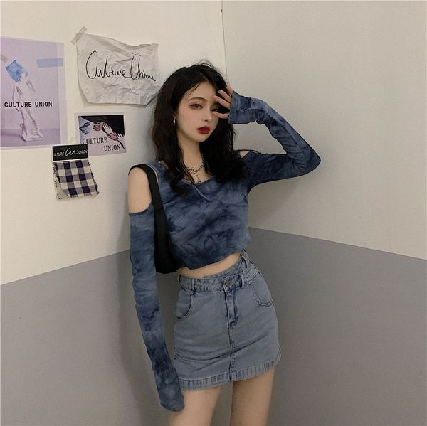 a melon tie-dyed coat t-shirt t-shirt women's summer one-line collarshoulder short bm styleumbilical internet celebrity top, Gray
a melon tie-dyed coat t-shirt t-shirt women's summer one-line collarshoulder short bm styleumbilical internet celebrity top, Gray