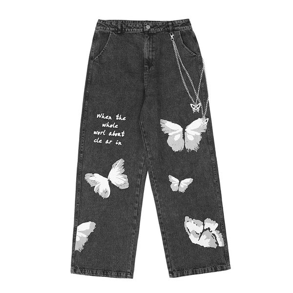 ewq / men's wear tide butterfly graffiti printed metal chain decorative denim trousers wide leg straight pants male high street, Blue
ewq / men's wear tide butterfly graffiti printed metal chain decorative denim trousers wide leg straight pants male high street, Blue