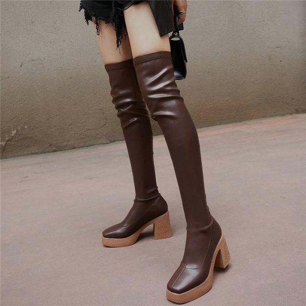 thigh high winter shoes women genuine leather high heel over the knee motorcycle boots female slim leg platform pumps shoes, Black 
thigh high winter shoes women genuine leather high heel over the knee motorcycle boots female slim leg platform pumps shoes, Black
