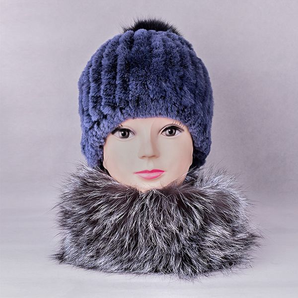 beanie/skull caps lady real knitted rex fur skullies beanies hats 15cm poms pom winter women fashion headgear lf4291, Blue;gray