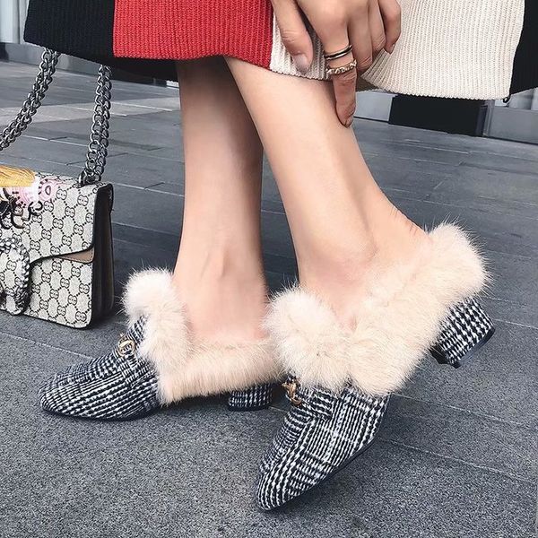 square heel outside concise fluffy fur slippers women med casual plaid ladies slides metal decoration closed toe winter shoes, Black
square heel outside concise fluffy fur slippers women med casual plaid ladies slides metal decoration closed toe winter shoes, Black