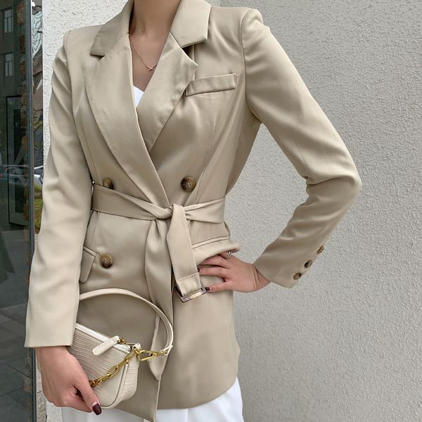 women's lapel pocket blazer suit long sleeve buttons work office jacket with belt style slim double breasted blazers veste, Black;brown
women's lapel pocket blazer suit long sleeve buttons work office jacket with belt style slim double breasted blazers veste, Black;brown