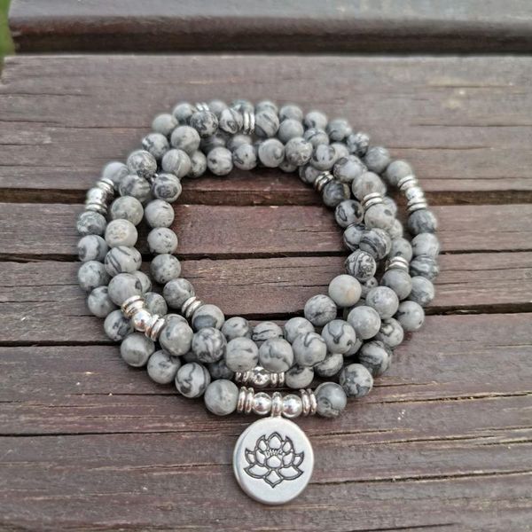 charm bracelets 6mm natural light grey map stone beads with lotus om buddha bracelet for women & men 108 mala yoga jewelry gift, Golden;silver
charm bracelets 6mm natural light grey map stone beads with lotus om buddha bracelet for women & men 108 mala yoga jewelry gift, Golden;silver