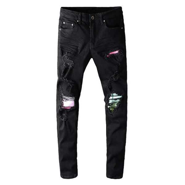 men's colored pleated patchwork black biker jeans streetwear slim skinny ripped stretch denim pants, Blue
men's colored pleated patchwork black biker jeans streetwear slim skinny ripped stretch denim pants, Blue