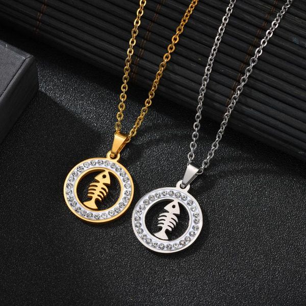 titanium steel fishbone pendants with cyrstal and titanium steel necklace, Silver