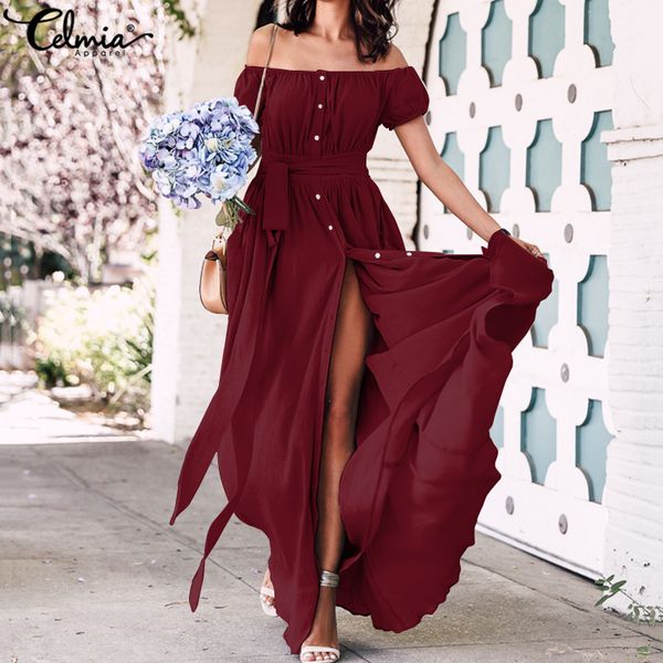 party dresses women summer ruffle split dress 2021 celmia solid off shoulder casual loose buttons maxi long plus size belt vestidos, White;black
party dresses women summer ruffle split dress 2021 celmia solid off shoulder casual loose buttons maxi long plus size belt vestidos, White;black