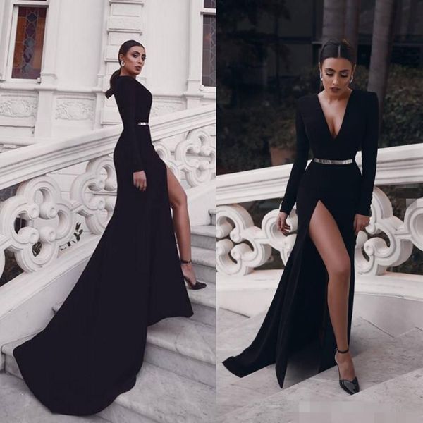 2020 black mermaid evening dresses long sleeves deep v neck satin sweep train evening gowns high slits robes de soirée prom dress, Black;red
2020 black mermaid evening dresses long sleeves deep v neck satin sweep train evening gowns high slits robes de soirée prom dress, Black;red