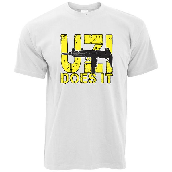 novelty shooting t-shirt uzi does it slogan gun weapon range gun tee shirt