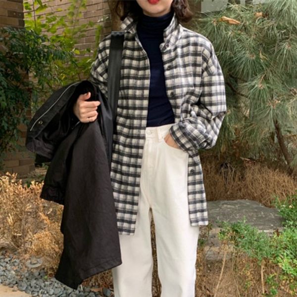 women spring turn-down collar long sleeve plaid woolen jacket vintage thin shirt coat single breasted plus size outwear, Black;brown
women spring turn-down collar long sleeve plaid woolen jacket vintage thin shirt coat single breasted plus size outwear, Black;brown