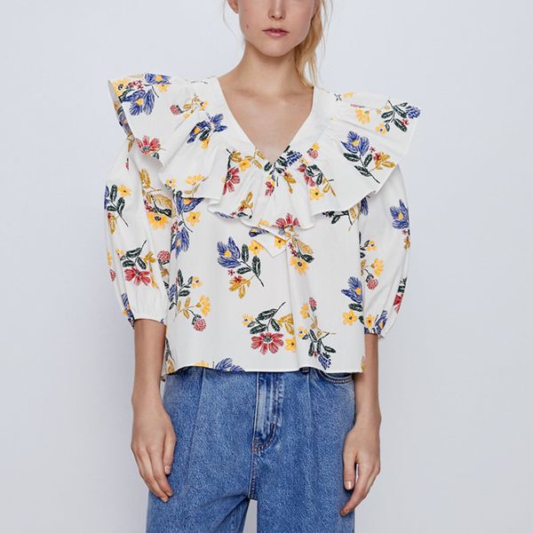 women's blouses & shirts 2021 floral print blouse women v-neck long sleeve elastic cuffs sweet loose elegant ruffle summer shirt woman, White
women's blouses & shirts 2021 floral print blouse women v-neck long sleeve elastic cuffs sweet loose elegant ruffle summer shirt woman, White