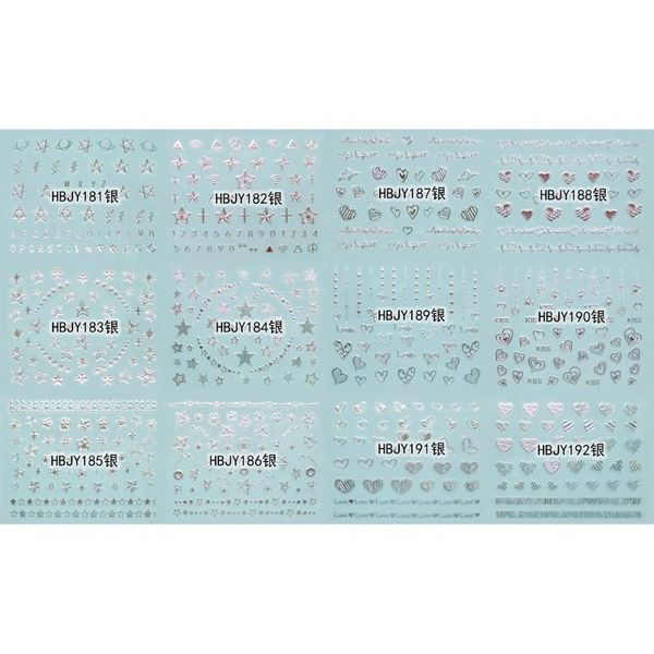 12 sheets nail art 3d self adhesive gold silver black white sticker decal slider planet love heart stars hbjy181-192
12 sheets nail art 3d self adhesive gold silver black white sticker decal slider planet love heart stars hbjy181-192