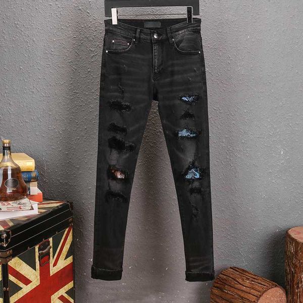 men's jeans european style brand men hole black stretch elastic straight zipper slim pencil pants for, Blue
men's jeans european style brand men hole black stretch elastic straight zipper slim pencil pants for, Blue