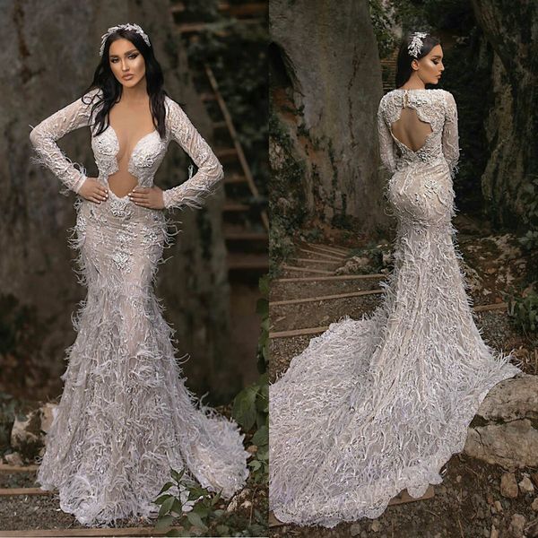 2021 mermaid wedding dresses long sleeves hollow back bridal gowns custom made lace appliques feather sweep train wedding dress, White
2021 mermaid wedding dresses long sleeves hollow back bridal gowns custom made lace appliques feather sweep train wedding dress, White