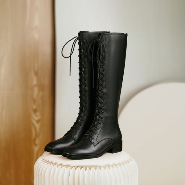 genuine leather low heels boots elegant women knee high boots lace up shoes woman square toe winter night club working, Black
genuine leather low heels boots elegant women knee high boots lace up shoes woman square toe winter night club working, Black
