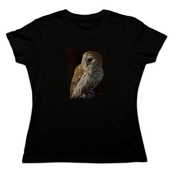 barred owl on tree branch women's novelty t-shirt popular tee shirt