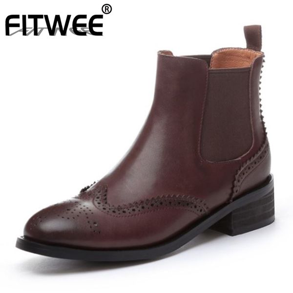 fitwee women ankle boots real leather flat heel print women shoes fashion winter autumn shoes footwear size 34-40, Black
