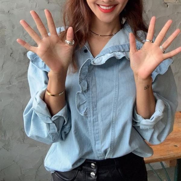 ruffles blouse womens denim long sleeve stand collar solid color buttons new fashion shirt, White
ruffles blouse womens denim long sleeve stand collar solid color buttons new fashion shirt, White