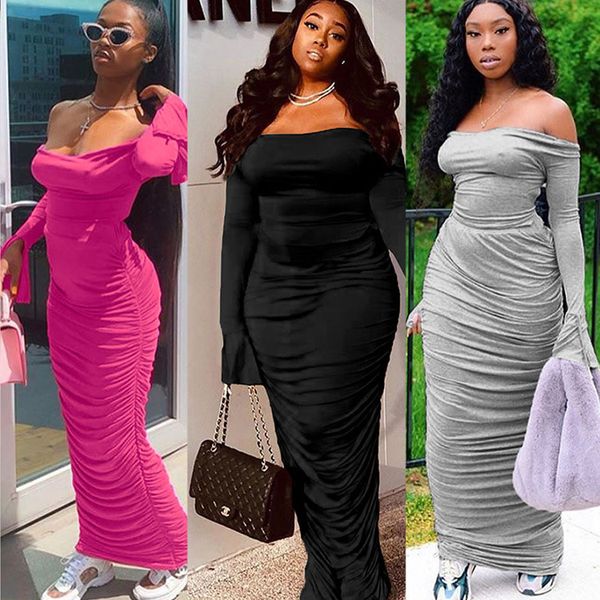 women boat neck pleated bodycon long dress, Black;gray