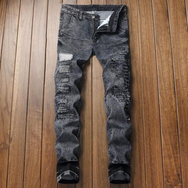 men's jeans ripped men stretchy embroidery destroyed hole straight denim pants black fashion casual long trousers, Blue
men's jeans ripped men stretchy embroidery destroyed hole straight denim pants black fashion casual long trousers, Blue