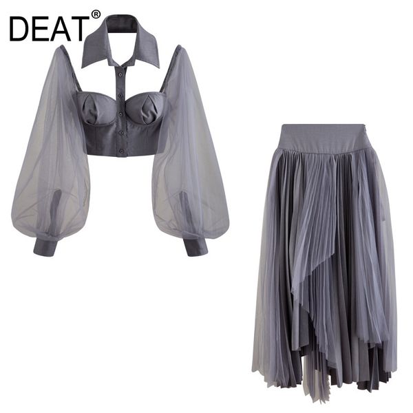 women's tracksuits deat 2021 turn-down collar lantern sleeves single breasted mesh patchwork shirt and a-line high waist skirt two piec, Gray
women's tracksuits deat 2021 turn-down collar lantern sleeves single breasted mesh patchwork shirt and a-line high waist skirt two piec, Gray