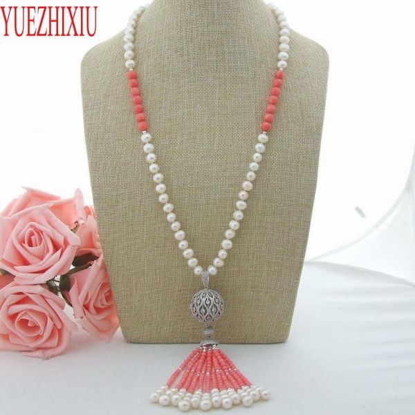 natural 7-8mm white freshwater pearl pink coral micro sphere inlay zircon accessories tassel pendant sweater necklace long 60 cm, Silver
natural 7-8mm white freshwater pearl pink coral micro sphere inlay zircon accessories tassel pendant sweater necklace long 60 cm, Silver