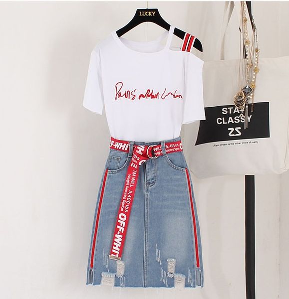 2020 summer women shoulder letter t-shirt + denim skirt 2 pcs sets female fashion suits, Gray
2020 summer women shoulder letter t-shirt + denim skirt 2 pcs sets female fashion suits, Gray