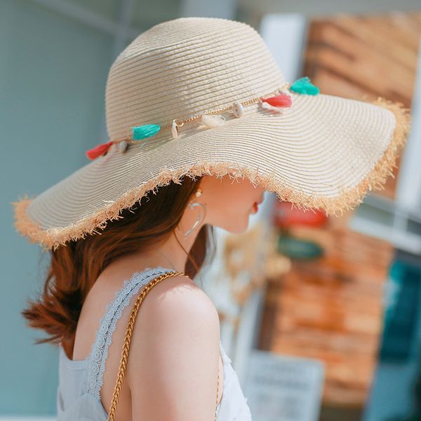 women big brim sun hats foldable colorful tassel shell stone hand made straw hat female summer hat casual shade cap beach, Blue;gray
women big brim sun hats foldable colorful tassel shell stone hand made straw hat female summer hat casual shade cap beach, Blue;gray