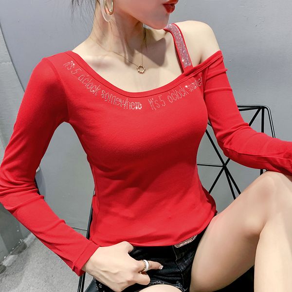 2020 autumn new women fashion long sleeve off the shoulder women t-shirt drilling elegant slim clothing, White
2020 autumn new women fashion long sleeve off the shoulder women t-shirt drilling elegant slim clothing, White