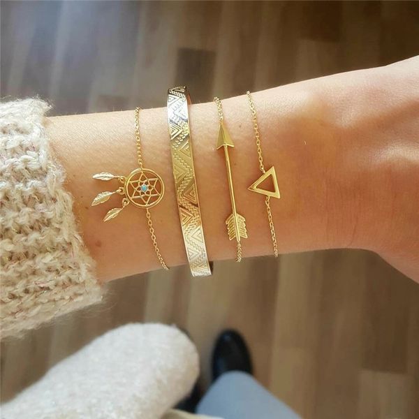 4 pcs/set bohemian triangle arrow dream catcher bracelet set for women fashion simple open bracelets bangles jewelry wholesale, Golden;silver
4 pcs/set bohemian triangle arrow dream catcher bracelet set for women fashion simple open bracelets bangles jewelry wholesale, Golden;silver