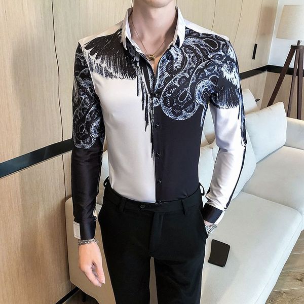 british style snake print shirt men 2020 autumn korean slim fit men long-sleeved shirt floral fashion formal for, White;black
british style snake print shirt men 2020 autumn korean slim fit men long-sleeved shirt floral fashion formal for, White;black