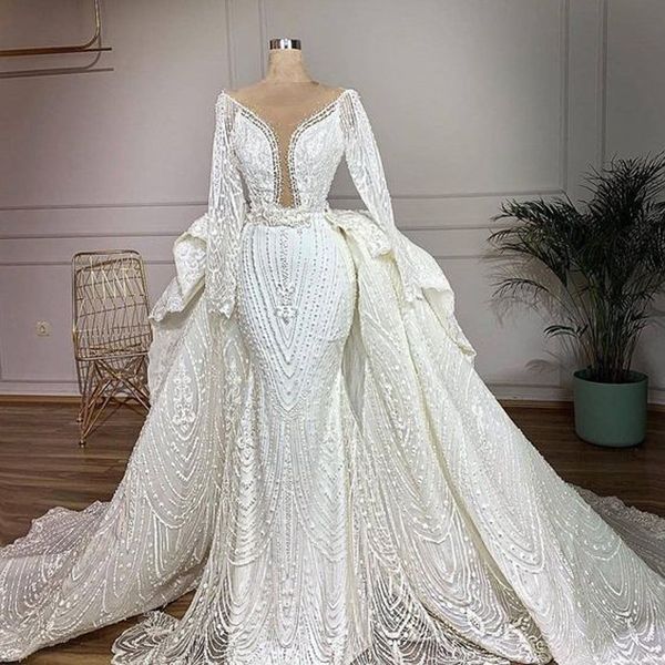 gorgeous lace applique beaded peals wedding dresses with detachable train long sleeve sheer deep v-neck 2020 vestidos de novia, White
gorgeous lace applique beaded peals wedding dresses with detachable train long sleeve sheer deep v-neck 2020 vestidos de novia, White