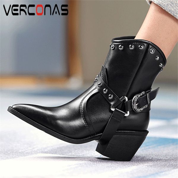verconas autumn winter women ankle boots genuine leather fashion punk rivets shoes woman pointed toe thick heels western boots, Black
verconas autumn winter women ankle boots genuine leather fashion punk rivets shoes woman pointed toe thick heels western boots, Black