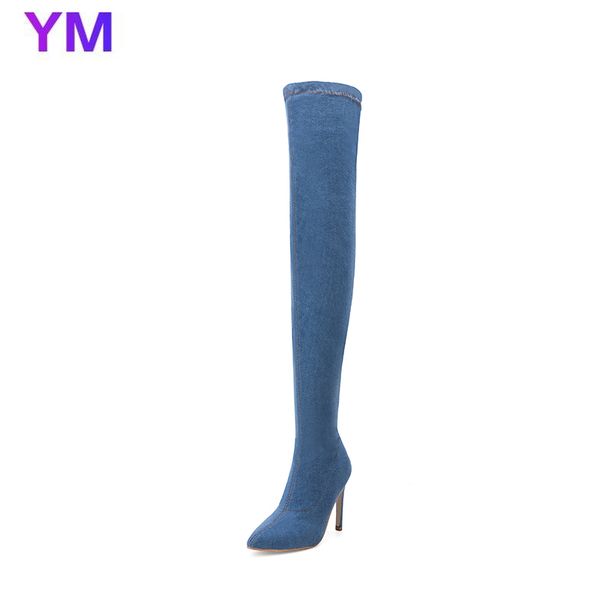2020 autumn and winter european american new denim side zipper pointed toe stiletto10cm high heel over the knee stretch boots, Black
2020 autumn and winter european american new denim side zipper pointed toe stiletto10cm high heel over the knee stretch boots, Black