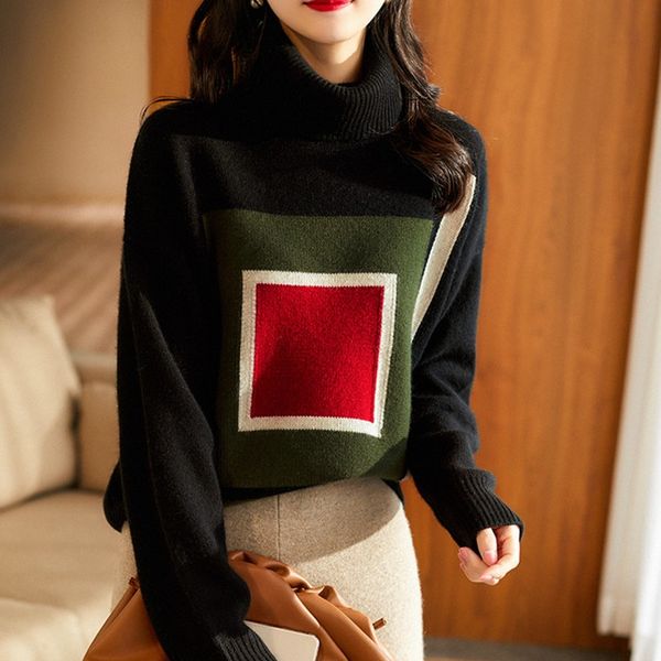 women's sweaters 2021 winter high neck cashmere sweater geometric pattern wool women loose lazy thick color matching jacquard full, White;black
women's sweaters 2021 winter high neck cashmere sweater geometric pattern wool women loose lazy thick color matching jacquard full, White;black