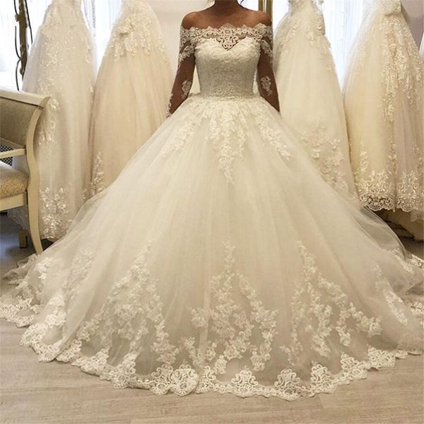 custom off shoulder long sleeves lace ball gown wedding dresses with appliques court train tulle plus size wedding bridal gowns, White
custom off shoulder long sleeves lace ball gown wedding dresses with appliques court train tulle plus size wedding bridal gowns, White