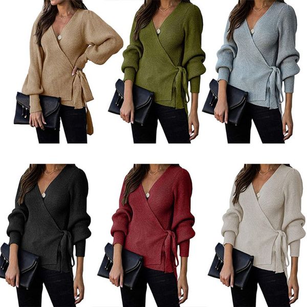 women wrap v-neck sweater lantern long sleeve solid color pullover ribbed knitted belted waist slim fit jumper, White;black
women wrap v-neck sweater lantern long sleeve solid color pullover ribbed knitted belted waist slim fit jumper, White;black