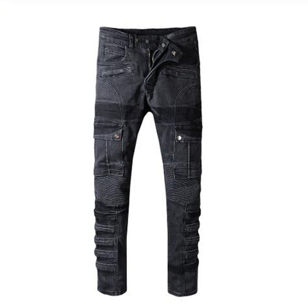 new men's male pockets patchwork black cargo biker jeans for motorcycle plus size slim fit pleated stretch denim pants trousers, Blue 
new men's male pockets patchwork black cargo biker jeans for motorcycle plus size slim fit pleated stretch denim pants trousers, Blue