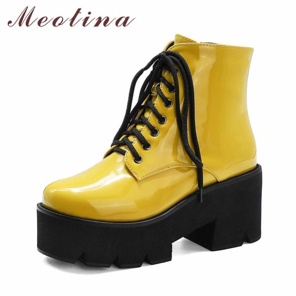 meotina women ankle boots shoes patent leather platform high heel short boots lace up zip chunky heels ladies yellow 43, Black
meotina women ankle boots shoes patent leather platform high heel short boots lace up zip chunky heels ladies yellow 43, Black
