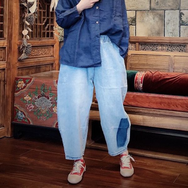 johnature new 2020 autumn casual elastic waist patchwork jeans women mid waist all-match tie ankle-length harem pants, Blue
johnature new 2020 autumn casual elastic waist patchwork jeans women mid waist all-match tie ankle-length harem pants, Blue