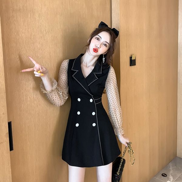 slimming and age-reducing double-breasted aline suit suit suitdress aline dress high waist 2020 slim fit women's autumn mid-length smal, Black;gray 
slimming and age-reducing double-breasted aline suit suit suitdress aline dress high waist 2020 slim fit women's autumn mid-length smal, Black;gray