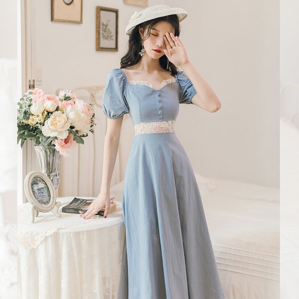 casual dresses coigarsam french style women dress vintage puff sleeve blue y1090, Black;gray
casual dresses coigarsam french style women dress vintage puff sleeve blue y1090, Black;gray