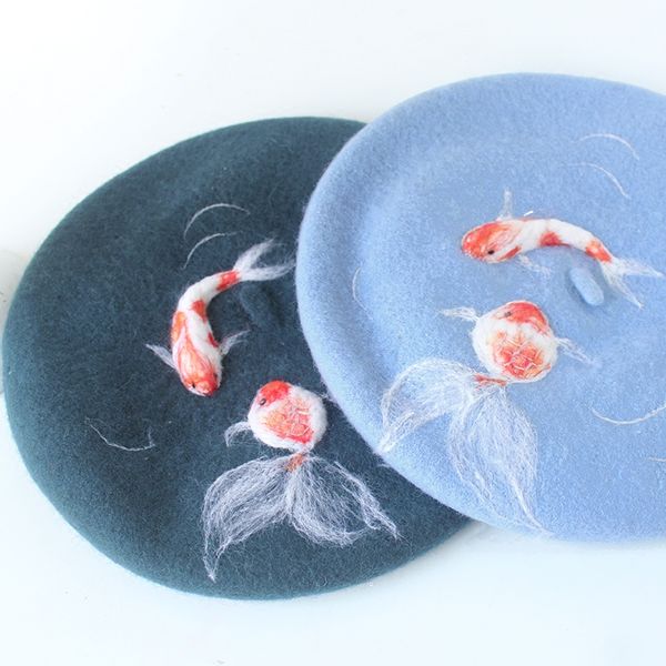 berets manual wool felt lucky koi beret creative birthday gift cap chinese painter, Blue;gray
berets manual wool felt lucky koi beret creative birthday gift cap chinese painter, Blue;gray