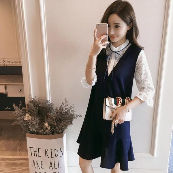 mock two piece 2019 dress dress spring new women's korean stand collar lace panel lace up frilled skirt fpwva, Black;gray
mock two piece 2019 dress dress spring new women's korean stand collar lace panel lace up frilled skirt fpwva, Black;gray