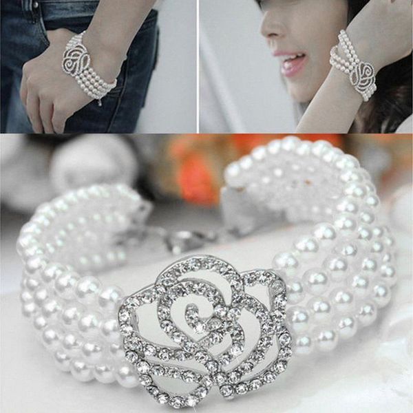 2020 rhinestone multilayer white pearls bangle bracelet for women, Black 
2020 rhinestone multilayer white pearls bangle bracelet for women, Black
