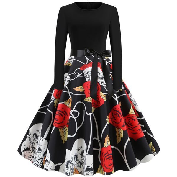 2020 autumn winter women elegant long sleeve vintage dresses casual o-neck black print halloween party dress plus size robe, Black;gray
2020 autumn winter women elegant long sleeve vintage dresses casual o-neck black print halloween party dress plus size robe, Black;gray