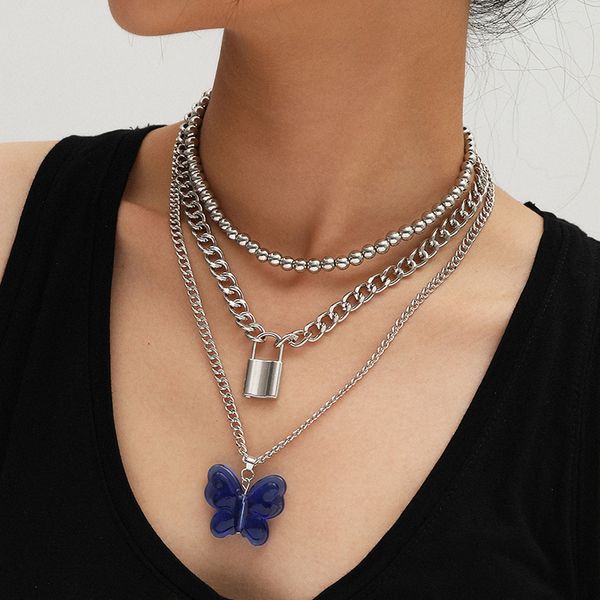 european and american cold wind mix and match lock-shaped necklace with exaggerated large butterfly blue pendant necklace, Golden;silver
european and american cold wind mix and match lock-shaped necklace with exaggerated large butterfly blue pendant necklace, Golden;silver