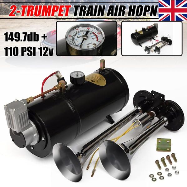 two trumpet 149.7db car truck air horn kit 12v 110 psi compressor pressure gauge 12 ft air tubing hose
two trumpet 149.7db car truck air horn kit 12v 110 psi compressor pressure gauge 12 ft air tubing hose